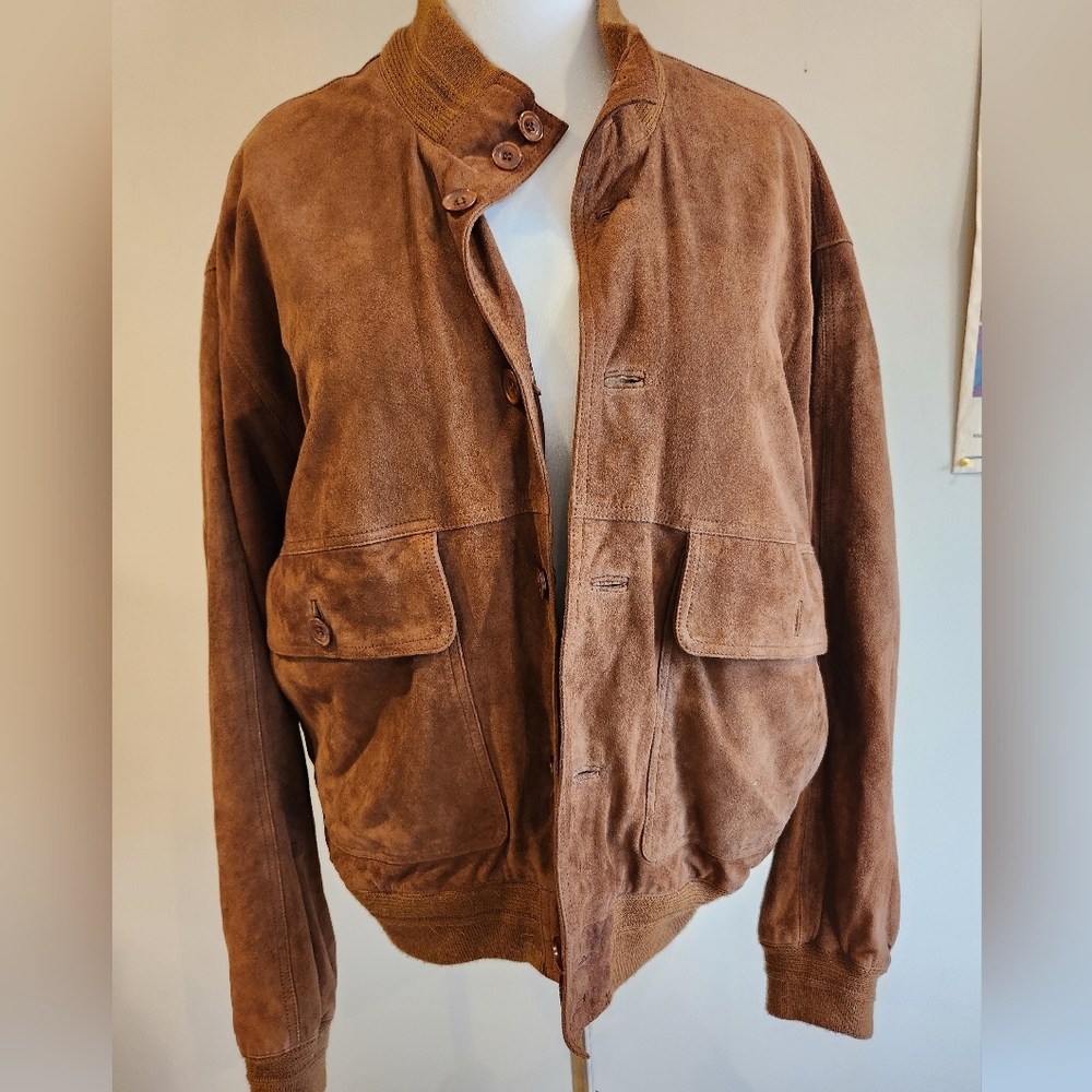 Mens suede bomber style jacket lightweight lined button up 4 pockets large tan